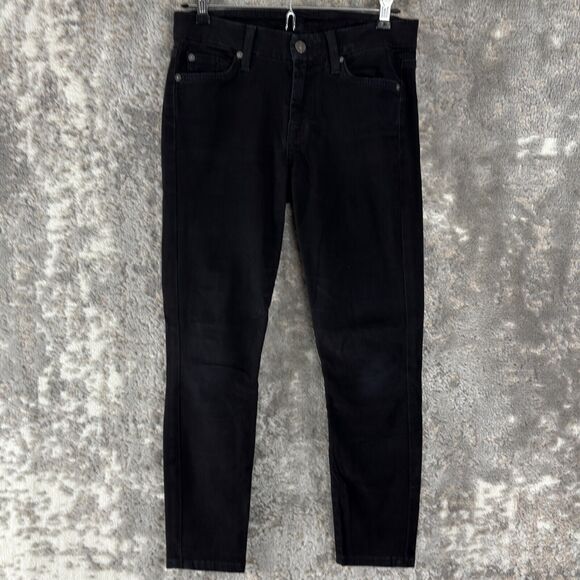 7 For All Mankind Sz 25 Skinny Tapered Leg Dark Denim Jeans Pants Black Stretch - Picture 1 of 13